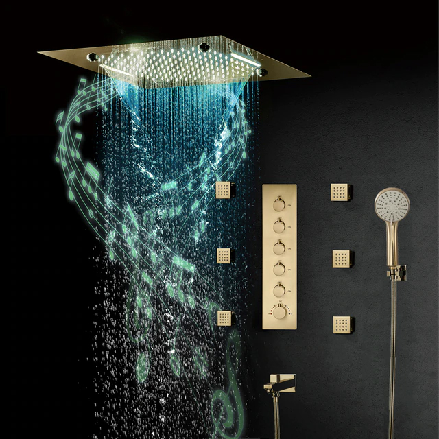 Fontana Dijon Thermostatic Recessed Ceiling Mount LED Rainfall Shower Musical System with Body Jets and Handheld Shower